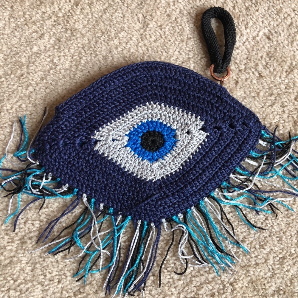 Evil eye knitted clutch blue white fringe bag handbag wristlet navy bag - Picture 3 of 7